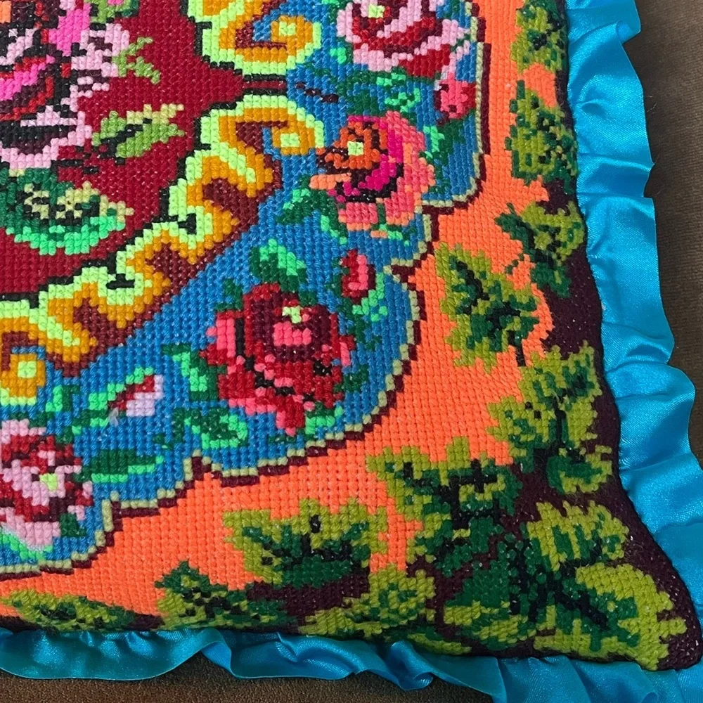 Handmade Ukrainian Pillow Floral Decorative Aqua Ruffled Vintage‎ 18